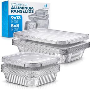 Disposable Aluminum Pans With Lids, 9x13 (10pc) And 8x8 Square (10pc) Combo Set, Disposable Baking and Cake Pan (Pack of 20)