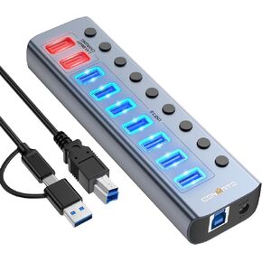 Powered USB 3.0 Hub, CENMATE 9 Ports USB Splitter (7×USB 3.0 Ports+2×2.4A Charging Ports), Individual On/Off Switches, DC 12V Adapter, Aluminum USB C Hub for Laptop, PC