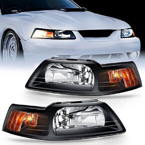 Nilight Headlight Assembly for 1999 2000 2001 2002 2003 2004 Ford Mustang Headlamps Replacement Black Housing Amber Reflector Driver and Passenger Side