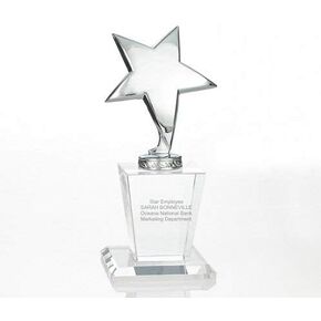 Engraved Reflective Star Trophy - Crystal Base - Personalized Engraving Up to Three Lines and Pre-Written Verse Selection - Comes in Gift Box - Award for Employees