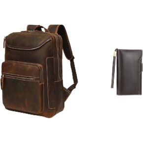 LANNSYNE Vintage Genuine Leather 16" Laptop Backpack and Leather Travel Passport Long Wallet