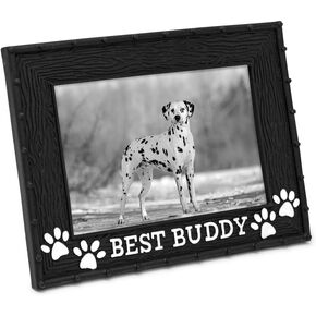 Isaac Jacobs 4" x 6" Resin Sentiments Dog Best Buddy Picture Frame, Horizontal Keepsake Photo Frame with Easel and Hanging Tabs for Tabletop, Desktop & Wall Display, (Black)