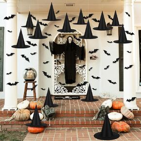 14 Pieces Halloween Black Witch Hats with 32 Pieces 3D Bats Sticker Wall Decor and 328 Feet Hanging Rope Witch Hat Decoration Cosplay Costume Accessory Caps Halloween Fancy Caps Yard Decor