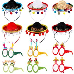 12 Pcs Mexican Fiesta Party Supplies Include 6 Pcs Fabric Straw Sombrero Headbands with 6 Pcs Fiesta Party Decorations Paper Eyeglasses for Cinco De Mayo Mexican Party Accessories Favors Birthday