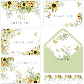 Whaline 40 Pack Sunflower Thank You Cards with Envelopes Stickers Watercolor Floral Greeting Cards Spring Summer Flower Blank Note Cards for Wedding Baby Shower Bridal Birthday Party, 4 x 6 Inch