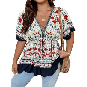 SOLY HUX Women's Plus Size Floral Print Blouse V Neck Half Sleeve Ruffle Hem Peplum Top