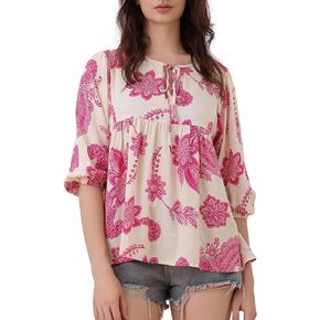 3/4 Sleeve Peplum Tops for Women Summer Boho Floral Casual Loose Blouses Round Neck Shirts