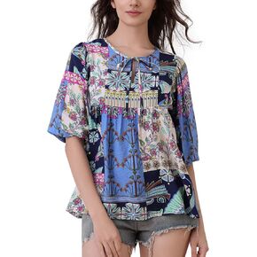3/4 Sleeve Peplum Tops for Women Summer Boho Floral Casual Loose Blouses Round Neck Shirts