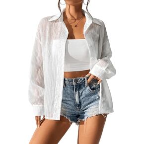 SweatyRocks Women's Long Sleeve Drop Shoulder Button Down Shirt Loose Fit Sheer Blouse Top