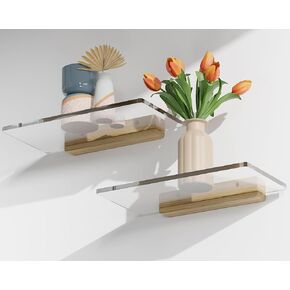 QsQueen Solid Wood Acrylic Floating Shelves: Ideal for wall storage, displaying plants, organizing nail polish and perfume. Perfect for bathrooms, bedrooms, and living rooms, enhancing room decor