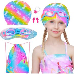 Kids Swim Caps for Girls Long and Short Hair, Child Toddler Teens Silicone Waterproof Swim Cap with Swimming Goggles and Swim Bag for Girls Boys(Age 6-12)
