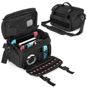 PGmoon Sling Carrying Case Compatible with Nintendo Switch / ASUS ROG Ally, Protective Tactical Shoulder Travel Bag with 18 Game Card Slots & Multi-Pockets for Docking Station, AC Adapter, Controllers