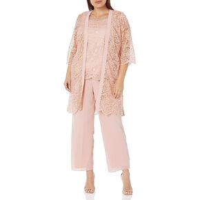 Le Bos Women's Plus Size 3-Piece Pant Set with Lace Overlay Cami and Soft Jacket