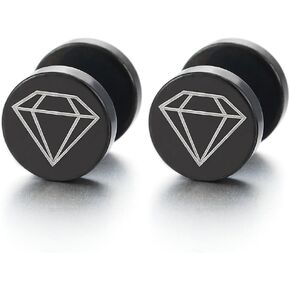 10MM Mens Women Diamond Sign Black Circle Stud Earrings, Steel Cheater Fake Plugs Gauges Tunnel 2 Pcs