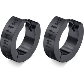 Norse Viking Hoop Earring for Men - Amulet Protection Jewellery Gifts Stainless Steel Men's Stud Huggie Hinged Earrings with Nordic Elder Futhark Runes,Black/Silver/Gold Plated,1 Pair
