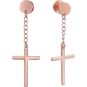 Religious Cross Dangle Tassel Earrings Set Stainless Steel Pierced Tunnel Gauges Studs Hanging Cross Earring for Men Women