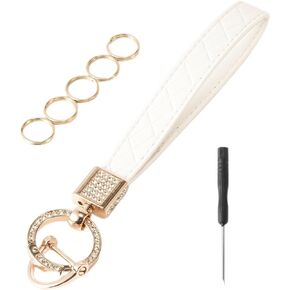 Leather Keychain Wristlet, Leather Car Key Chain with 5 Key Ring and Anti-Lost d Ring, Key Fob Keychain Wristlet