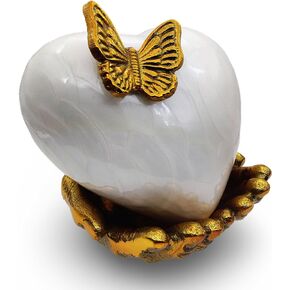 White & Gold Heart Keepsake Urn - Large Heart Cremation Urn with Hand Shape Stand, Butterfly Heart Cremation Urn - Hand Painted with Hand Shaped Stand.