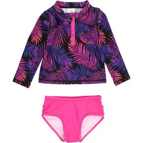RuffleButts Marine Glow Long Sleeve Zipper Rash Guard 2-Piece - 4T