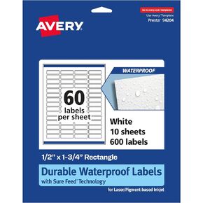 Avery Durable Waterproof Rectangle Labels with Sure Feed, .5" x 1.75", 1,500 Oil and Tear-Resistant Waterproof Labels, Print-to-The-Edge, Laser/Pigment-Based Inkjet Printable Labels