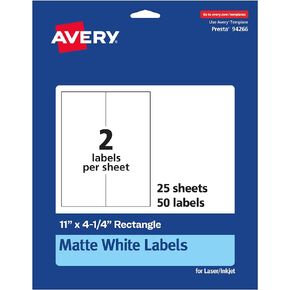 Avery Matte White Rectangle Labels, 11" x 4.25", 100 Matte White Printable Labels