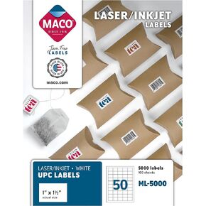 Maco Laser/Ink Jet White UPC Labels, 1 x 1-1/2 Inches, 50 Per Sheet, 5000 Per Box (ML-5000)