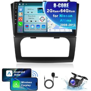 【8Core 2G+64G】for Nissan Altima 2008 2009 2010 2011 2012 Android Car Stereo Wireless Carplay Android Auto,9" HD 1280*720P IPS Touchscreen Radio WiFi GPS DSP Audio Bluetooth SWC Backup Camera(Auto A/C)