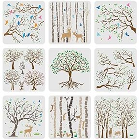 FINGERINSPIRE 9pcs Life of Tree Stencils 7.9x7.9 inch Aspen Trees/Life Tree Stencils Painting Stencil Reusable Tree and Flying Birds Stencils for Painting on Wood Canvas Paper Fabric Floor Wall Tile