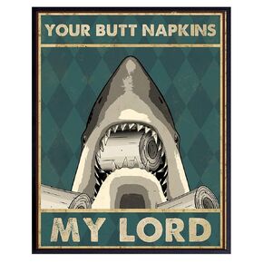 Bathroom Wall Art & Decor for Boys - Butt Napkins - Sharks Bathroom Wall Art - nautical Bathroom Decor - Beach Bathroom Decor - Funny Coastal Ocean Wall Art - Kids Bath decoration - Restroom Sign