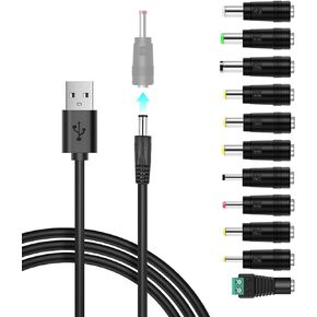 Universal USB to DC 5V Power Cord, DC 5.5x2.1mm Jack Charging Cable with 11 Connector Tips (5.5x2.5, 4.8x1.7, 4.0x1.7, 5.5x1.7, 3.5x1.35, 3.0x1.1, 2.5x0.7, 6.3x3.0, 5.0x3.0, 6.5x4.4, LED Interface)