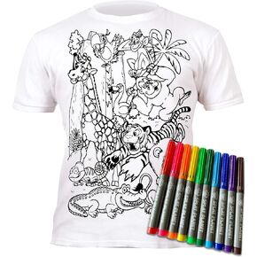 Splat Planet Color in Zoo T-Shirt with 10 Non-Toxic Washable Magic Pens - Color in and Wash Out and Color in Again T-Shirt White