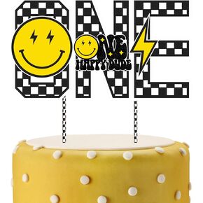 One Happy Dude 1st Birthday Cake Topper - Glitter Smiley Face Cake Decorations with Black & White Checkered Sticks, Cool Cake Smash Ideas, Great for 1st Boy One Happy Dude Birthday Party Decorations