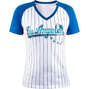 Womens City Baseball Pinstripe Fans Vintage Sporty V-Neck Tee Shirts - Royal & White
