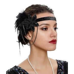Bridal 1920s Flapper Feather Headband Crystal Beaded Flower Tassel Black Feather Headpiece Hair Jewelry for Women