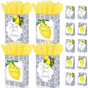 24Pcs Blue Tiles and Lemon Gift Bags with Yellow Tissue Paper,Mediterranean Morocco Style Thank You Gift Bags for Wedding and Bridal Shower Amalfi Coast Party Presents Decoration