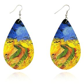 Van Gogh Starry Night Dangle Earrings for Women Classic Art Jewelry Van Gogh Novelty Fun Earrings Abstract Art Earrings Wood Double Sided Print (Starry Night)
