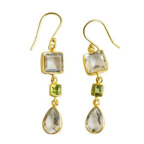 Green Amethyst and Peridot Gold Plated Sterling Silver Drop Earrings - Handmade Gemstone Jewelry Gifts for Women - Mother's Day Gift Ideas - Wedding Bridal Jewelry
