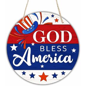4Th Of July Hanging Wooden Sign With Sisal Rope - 10 Inches Round Door Sign, Patriotic Decor Wooden Plaque, God Bless America, For For Front Door Porch Wall，Home & Office Decoration & Accessories- D01