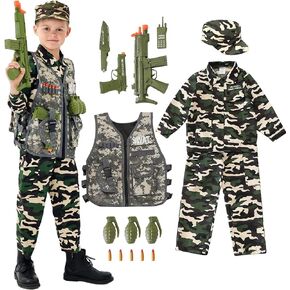 Army Uniform Cosplay Costume Soldier Outfits with Clothes, Tatical Vest and other Toys Acessories for Kids