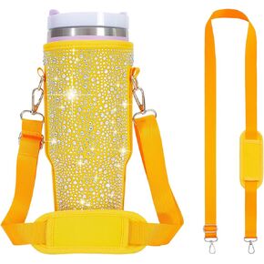 Bling Water Bottle Carrier Bag with Strap for Stanl-ey 40oz Tumbler with Handle, Sparkling Rhinestone Water Cup Holder Bag with Strap for 40oz Stanley Cup Accessories