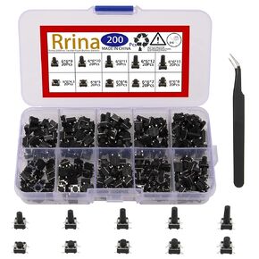 200Pcs Tactile Push Button Switch Micro Momentary Tact Assortment Kit,10 Values 6x6mm 4 Pin