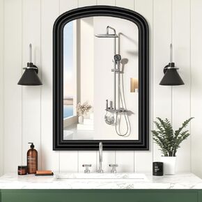 White Arch Bathroom Mirror for Wall Decorative, 24" x 36" White Vintage Mirror with Beaded Frame for Wall Decor Farmhouse Wood Frame Mirror for Entryway, Living Room White