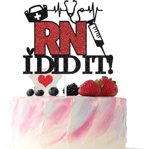 RN I Did It Cake Topper, Congrats RN, Earned It, Nursing School Graduation Party Decorations, Black & Red