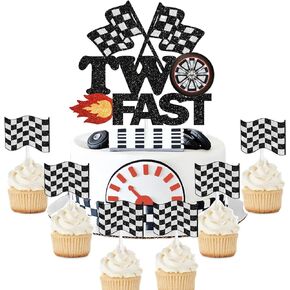 Fast Racing 2nd Birthday Cake Topper Set of 7 - Racing Themed Birthday Party or Baby Shower Party Checkered Flags, Tires, Jet Speed Up Decorations that both boys and girls will love - SugarGera