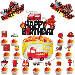 Fireman Cupcake Cake Topper Fire Hydrant Truck Firefighter Helmet Themed for Kids Boy Girl Happy Birthday Cake Decorations 33Pcs Party Supplies