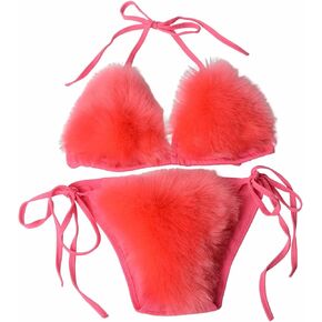 Women's Bikini Sets Fake Fox Fur Triangle Two Piece Swimsuit Tie Side Sexy Swimwear
