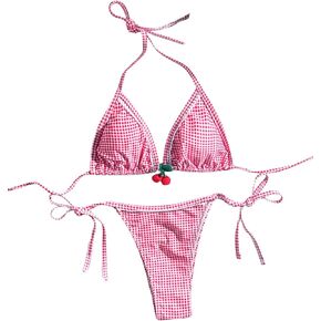 Women's 2 Piece Y2K Gingham Print Bow Front Bikini Halter Tie Bikini Set Triangle Set Beachwear Swimsuit Bathing Suit Cherry Pink X-Large