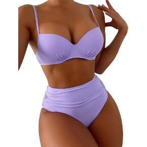 Floerns Women's 2 Piece Ruched High Waisted Push Up Spaghetti Strap Bikini Swimsuit