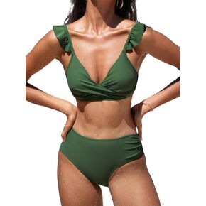 CUPSHE Women's Bikini Sets Two Piece Swimsuit Ruffled Twist V Neck Mid Rise Ruched Back Hook Push Up