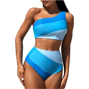 OYOANGLE Women's Bikini Swimsuit 2 Piece Color Block One Shoulder High Waisted Bathing Suit